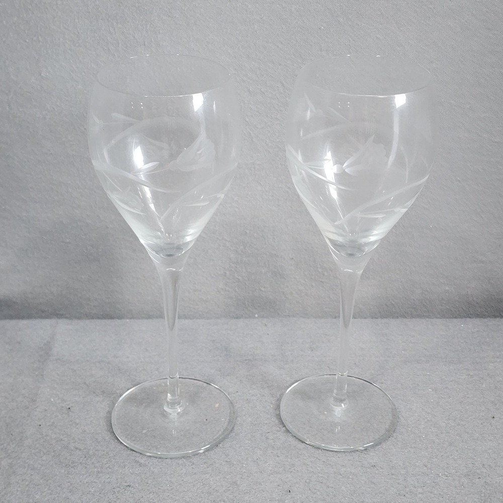 Vintage Etched Floral Wine Glasses Clear Crystal Vine Design Set of‎ 2 9.25in